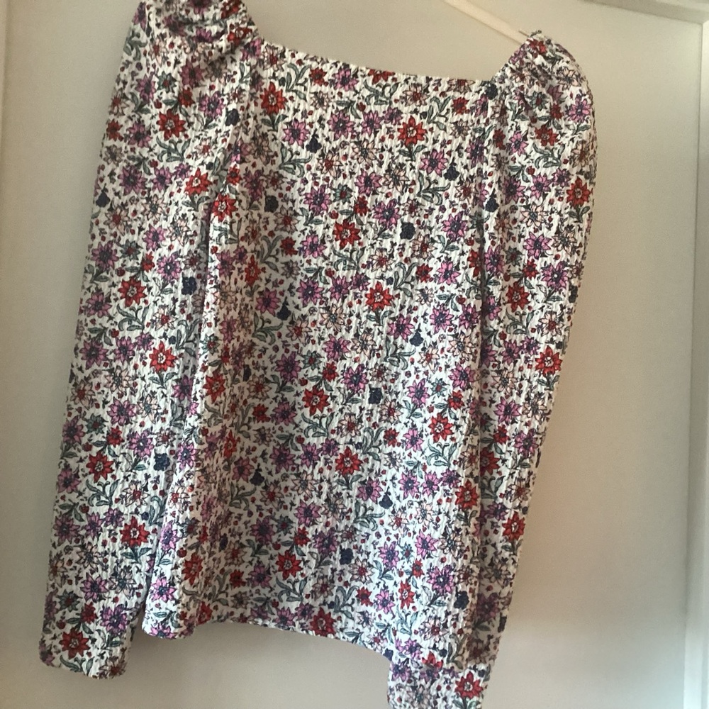 LOFT Multicolor Floral Textured Top, long sleeves, square neck